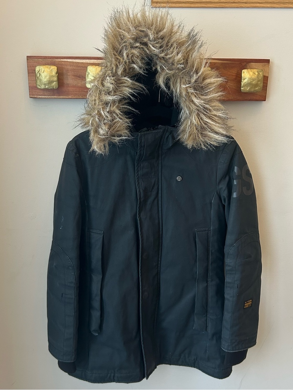 G-Star RAW 3301 Women’s M Black Fur Hood Parka Y2K Utility Gothcore